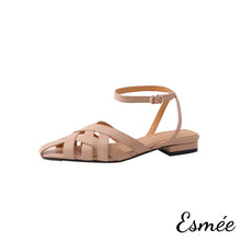 將圖片載入圖庫檢視器 Khaki-Leather-Sandals-with-Woven-Design-and-Ankle-Straps-product-shots-white-background