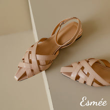 將圖片載入圖庫檢視器 Khaki-Leather-Sandals-with-Woven-Design-and-Ankle-Straps-product-shots