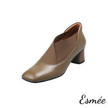Load image into Gallery viewer, Khaki-Leather-Squared-Toe-High-Heel-with-Ribbon-Design-product-shots-white-background