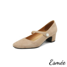 Load image into Gallery viewer, Khaki-Leather-Suede-High-Heel-Mary-Janes-with-Pearl-Button-Design-product-shots-white-background