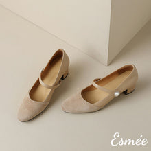 Load image into Gallery viewer, Khaki-Leather-Suede-High-Heel-Mary-Janes-with-Pearl-Button-Design-product-shots
