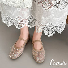 將圖片載入圖庫檢視器 Khaki-Mesh-Fabrics-Maryjanes-with-Rhinestone-Design-model-shots