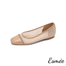 將圖片載入圖庫檢視器 Khaki-Net-Fabrics-Flats-with-Patent-Leather-Toe-Cap-and-Chain-Design-product-shots-white-background