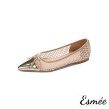 將圖片載入圖庫檢視器 Khaki-Net-Flats-with-Golden-Toe-Cap-and-Bow-Knot-product-shots-white-background