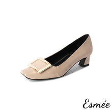 Load image into Gallery viewer, Khaki-Patent-Leather-4-cm-High-Heels-with-Metal-Buckle-product-shots-white-background