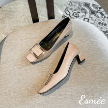 Load image into Gallery viewer, Khaki-Patent-Leather-4-cm-High-Heels-with-Metal-Buckle-product-shots