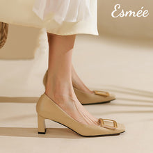 Load image into Gallery viewer, Khaki-Patent-Leather-5.5cm-High-Heels-with-Metal-Buckle-model-shots