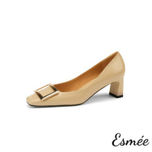 Load image into Gallery viewer, Khaki-Patent-Leather-5.5cm-High-Heels-with-Metal-Buckle-product-shots-white-background