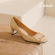 Load image into Gallery viewer, Khaki-Patent-Leather-5.5cm-High-Heels-with-Metal-Buckle-product-shots