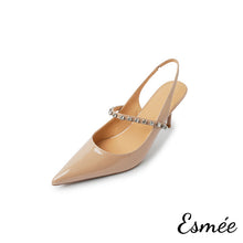 Load image into Gallery viewer, Khaki-Patent-Leather-High-Heel-Slingback-with-Diamond-Straps-product-shots-white-background