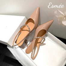 Load image into Gallery viewer, Khaki-Patent-Leather-High-Heel-Slingback-with-Diamond-Straps-product-shots