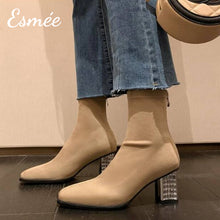 將圖片載入圖庫檢視器 Khaki-Suede-Ankle-Boots-with-Rhinestone-Heels-model-shots