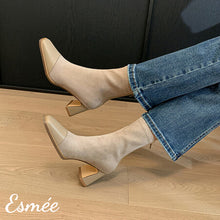 將圖片載入圖庫檢視器 Khaki-Suede-High-Heel-Ankle-Boots-with-Leather-Toe-Cap-model-shots