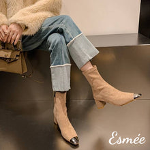 將圖片載入圖庫檢視器 Khaki-Suede-High-Heel-Ankle-Boots-with-Metallic-Toe-Cap-model-shots