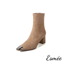 將圖片載入圖庫檢視器 Khaki-Suede-High-Heel-Ankle-Boots-with-Metallic-Toe-Cap-product-shots-white-background