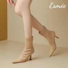 Load image into Gallery viewer, Khaki-Suede-High-Heel-Ankle-Boots-with-Stiletto-and-Leather-Toe-Cap-model-shots