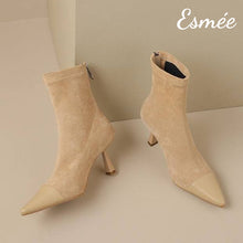 Load image into Gallery viewer, Khaki-Suede-High-Heel-Ankle-Boots-with-Stiletto-and-Leather-Toe-Cap-product-shots