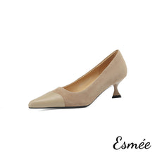 Load image into Gallery viewer, Khaki-Suede-High-Heels-with-Leather-Toe-Cap-product-shots-white-background