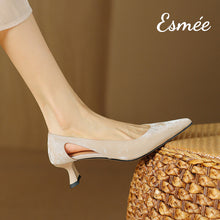 Load image into Gallery viewer, Khaki-Suede-High-Heels-with-Special-Cutting-Design-model-shots
