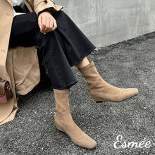 將圖片載入圖庫檢視器 Khaki-Suede-Invisible-Increased-Height-Ankle-Boots-model-shots