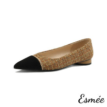 將圖片載入圖庫檢視器 Khaki-Tweed-Fabrics-Flats-with-Black-Pointy-Toe-and-Chain-Design-product-shots-white-background