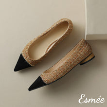將圖片載入圖庫檢視器 Khaki-Tweed-Fabrics-Flats-with-Black-Pointy-Toe-and-Chain-Design-product-shots