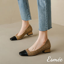 Load image into Gallery viewer, Khaki-Tweed-Fabrics-High-Heels-with-Chain-Design-model-shots
