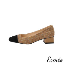 Load image into Gallery viewer, Khaki-Tweed-Fabrics-High-Heels-with-Chain-Design-product-shots-white-background