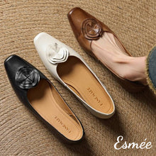 Load image into Gallery viewer, Leather-Flats-with-Handmade-Flower-Design-product-shots
