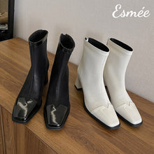 Load image into Gallery viewer, Leather-High-Heel-Ankle-Boots-with-Patent-Leather-Toe-Cap-product-shots