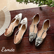 Load image into Gallery viewer, Leather-T-Straps-with-Rose-Bud-Design-product-shots
