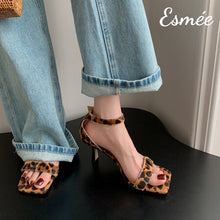 Load image into Gallery viewer, Leopard-Horsehair-High-Heel-Sandals-with-Ankle-Straps-model-shots