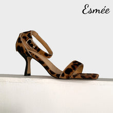 Load image into Gallery viewer, Leopard-Horsehair-High-Heel-Sandals-with-Ankle-Straps-product-shots