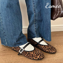 Load image into Gallery viewer, Leopard-Suede-Rounded-Toe-Maryjanes-with-Rhinestone-Buckle-Design-model-shots