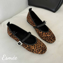 Load image into Gallery viewer, Leopard-Suede-Rounded-Toe-Maryjanes-with-Rhinestone-Buckle-Design-product-shots