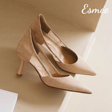 Load image into Gallery viewer, Nude-Suede-High-Heels-with-Lace-Design-product-shots