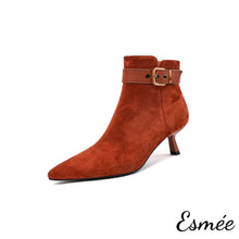 將圖片載入圖庫檢視器 Orange-Red-Suede-Ankle-Boots-with-Leather-Straps-and-Stiletto-product-shots-white-background