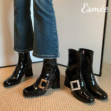 Load image into Gallery viewer, Patent-Leather-High-Heel-Ankle-Boots-with-Rhinestone-Buckle-model-shots