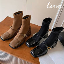 Load image into Gallery viewer, Patent-Leather-Mary-Jane-Sock-Tube-Boots-product-shots