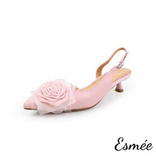 Load image into Gallery viewer, Pink-Leather-High-Heel-D_Orsay-Sandals-with-Flower-Design-product-shots-white-background