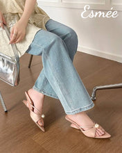 將圖片載入圖庫檢視器 Pink-Silk-High-Heel-Mules-with-Pearl-Design-model-shots