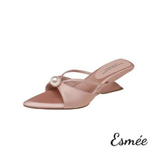將圖片載入圖庫檢視器 Pink-Silk-High-Heel-Mules-with-Pearl-Design-product-shots-white-background