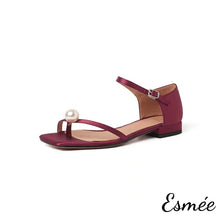 Load image into Gallery viewer, Red-Silk-Sandals-with-Pearl-Design-product-shots-white-background