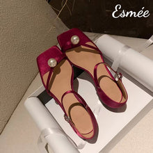 Load image into Gallery viewer, Red-Silk-Sandals-with-Pearl-Design-product-shots