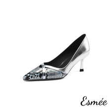 Load image into Gallery viewer, Silver-Dual-Color-Leather-High-Heels-with-Snake-Leather-Toe-Cap-product-shots-white-background
