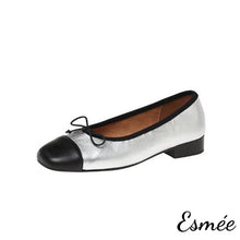 Load image into Gallery viewer, Silver-Leather-Ballets-with-Bow-Knot-and-Black-Toe-Cap-product-shots-white-background