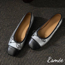 Load image into Gallery viewer, Silver-Leather-Ballets-with-Bow-Knot-and-Black-Toe-Cap-product-shots