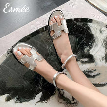 Load image into Gallery viewer, Silver-Leather-Flat-Sandals-with-Ankle-Straps-model-shots