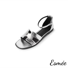 Load image into Gallery viewer, Silver-Leather-Flat-Sandals-with-Ankle-Straps-product-shots-white-background