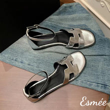 Load image into Gallery viewer, Silver-Leather-Flat-Sandals-with-Ankle-Straps-product-shots